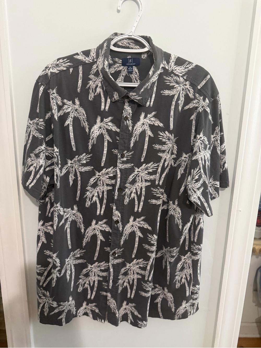 George Black and White Palm-Print Short Sleeve Button-Down Shirt